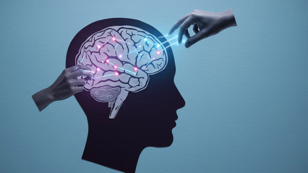 Silhouette de tête avec un cerveau relié par des connexions lumineuses