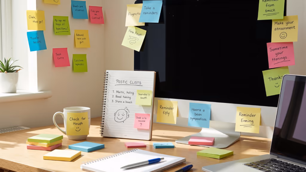 Bureau couvert de notes adhésives et d’une liste de tâches