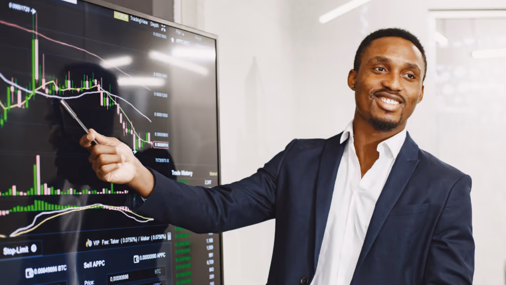 Commercial présentant un graphique financier sur un écran